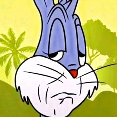 an animated image of a rabbit with its eyes closed and mouth wide open, standing in front of palm trees