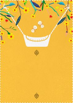 a yellow background with an image of a bathtub and flowers on the bottom right corner