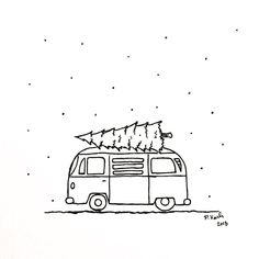 a drawing of a van with a christmas tree on top