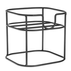 a black metal shelf with two shelves on each side and an oval design in the middle