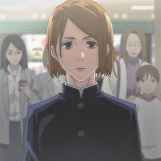 an anime character standing in front of a group of other people with their backs turned to the camera