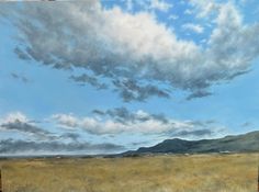 an oil painting of a field with mountains in the distance and blue sky above it