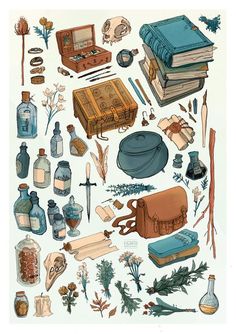 an illustration of various items from the book harry potter's hogwarts, including books, flasks and more