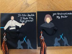 two star wars themed handmade cards with tassels on them, one has a woman and the other is a man