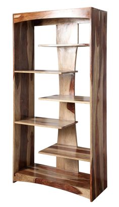 a wooden shelf with several shelves in it