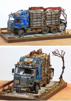 two pictures of the same truck in different stages