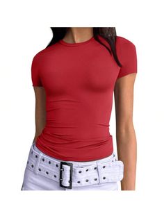 Material: This Y2k tops is made of 88% polyester and 12% nylon.High quality elastic fabric,light weight, super soft and skin-friendly,make you more comfortable to wear.
Design: Cropped and regular style,you can wear it regularly or fold it up like a crop top.cute,slim fitted,casual style,scoop neck,short sleeve.
Occasion: Simple and stylish design,great for going out,wort out,running,gym,yoga,daily wear, streetwear,rave party,club,dating,beach,travel,vacation,shopping,etc. Suitable for all seaso Trendy Fitted Red T-shirt, Red Y2k Crew Neck T-shirt, Fitted Plain T-shirt For Summer, Fitted Summer T-shirt In Solid Color, Stretch Crew Neck Short Sleeve Top In Solid Color, Stretch Crew Neck Short Sleeve Top, Summer T-shirt With Scoop Neck In Solid Color, Solid Stretch Y2k T-shirt, Summer Y2k Style T-shirt