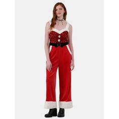 This adorable, flirty Christmas Santa Jumpsuit from No Boundaries is perfect for your next party and spreading holiday cheer. Inspired by Santas signature suit, this fun dress features a velvety-like finish with wide shoulder straps and snowy white faux fur trim. Easy to wear with a pullover style, you can pair this dress with your favorite shoes and be on your merry way. Only at Walmart. Size: XS.  Color: Red.  Gender: female.  Age Group: adult. Cute Santa Costume For Women, Santa Outfits For Women, Santa Outfit For Women, Christmas Jumpsuit, Holiday Jumpsuit, Santa Outfit, Rompers Womens Jumpsuit, Linen Romper, Fun Dress