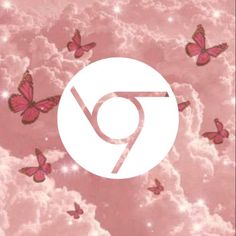 there are many pink butterflies flying in the sky with white circles around them that read 9