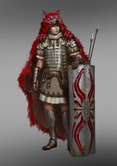 a man dressed in armor and holding a shield with two swords on his shoulder, standing next to a large red object