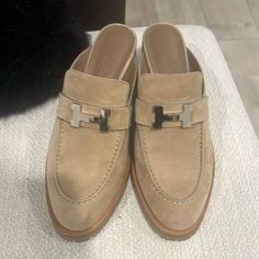 Hermes Mules With Silver Hardware Worn A Handful Of Times Great Condition Like New Size 37 Nude Suede Material Luxury Beige Women's Mules, Hermes Esmee Mule, Luxury Brown Summer Mules, Hermes Mules, Beige Buckle Closure Slip-on Mules, Hermes Shoes, Suede Material, Mule Clogs, Mules Shoes