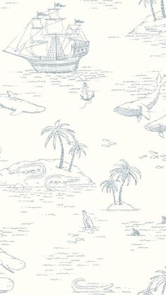 a blue and white wallpaper with boats, palm trees and surfers in the ocean