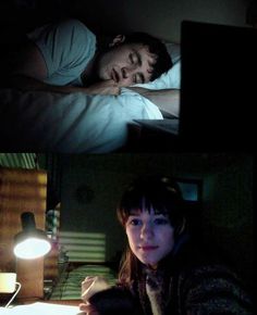 two photos of a man and woman in bed at night, one with his eyes closed