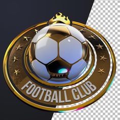 a soccer ball with the words football club in gold and silver on a black background