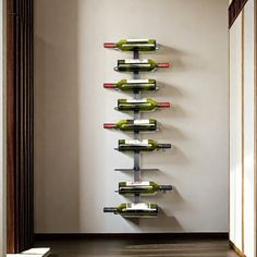 a wall mounted wine rack with several bottles on it in a hallway next to a doorway