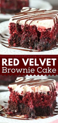 An incredible easy Valentine's Day treat! This Valentine's Day dessert recipe combines a fudgy brownie. moist red velvet poke cake. Topped with cream cheese frosting and hot fudge, every bite of this gooey Red Velvet Brownie Cake is heavenly! Cream Cheese Syrup, Red Velvet Poke Cake, Easy Red Velvet, Red Velvet Desserts, Red Velvet Brownies, Red Velvet Cake Recipe, Velvet Cake Recipes, Red Velvet Cake Mix, Cream Cheese Buttercream