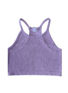 Everyone needs at least one of these go to Thick Rib Essential Racerback Halter Crop Cami's. They are a One Size Fits All One size fits S-XL Perfect tank to dress up or down Fabric: 92% nylon 8% spandex Fitted Purple Seamless Crop Top, Ribbed Crop Top For Gym In Spring, Fitted Ribbed Tops For Gym, Ribbed Fitted Gym Top, Spring Ribbed Crop Top For Gym, Sleeveless Seamless Tops For Loungewear, Stretch Purple Ribbed Tops, Purple Stretch Ribbed Tops, Stretch Ribbed Purple Tops