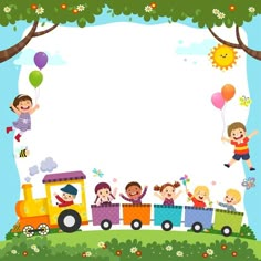 children are riding on a toy train with balloons in the sky and an empty space for text