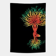 a tapestry hanging on the wall with an image of a woman holding a tree in her hands