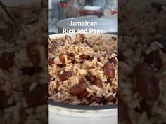 rice and peas are mixed together in a white bowl with the words jamaican rice and peas