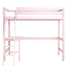 a white bunk bed with a desk and ladders on the bottom level, against a white background