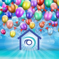 a house surrounded by balloons and streamers with an eye in the center on a blue background