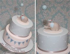 two pictures of a baby elephant on top of a cake with balloons in the air