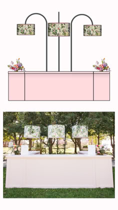 an outdoor wedding reception with pink linens and flowers on the back wall, two side by side photos