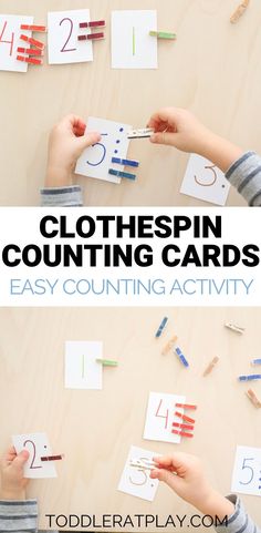 two hands holding clothespin counting cards on top of a wooden table