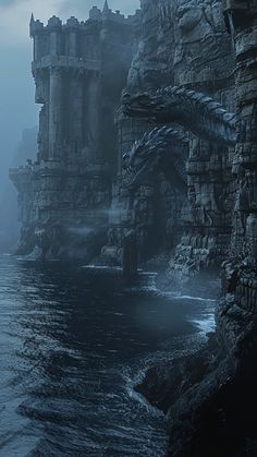 a large body of water next to a rocky cliff covered in fog and mist with a dragon flying over it