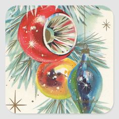 an old fashioned christmas card with ornaments on it