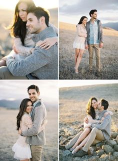 four different pictures of people in the field with one woman hugging another man's chest