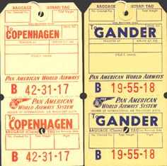 two vintage luggage tags from the 1950's, one with an american airways ticket