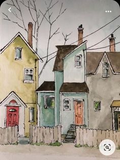 watercolor painting of two houses with red doors and white picket fence in the foreground