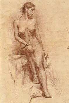 a pencil drawing of a naked woman sitting on a chair with her legs crossed and hands behind her back