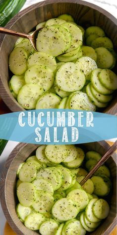 cucumber salad in a wooden bowl with a spoon