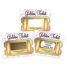 three golden ticket stickers with polka dots on the back and one in gold foil