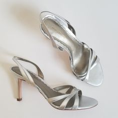 A Silver Finish Across The Toes And Ankle Strap Gives These Luxe Sandals A Boost Of Party-Perfect Sparkle. Padded Leather Footbed. Leather Sole. There Are Tiny Marked On Leather From Trying On. Excellent Condition Silver Heels Aesthetic, Prom Shoes Silver, Prom Aesthetic, Silver Strappy Heels, Unique Heels, Heels Aesthetic, 90s Inspired Outfits, Silver Sandals, Prom Outfits