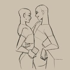 two people standing next to each other with their hands on their hipss and looking at each other