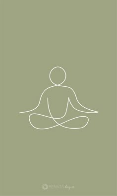 a white line drawing of a person sitting in a lotus position on a green background