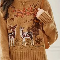 Adorable Sweater ! Very Soft New In Bag Acrylic Nylon Viscose Classic Pull Over With Super Detailed Fall Deer Embroidery Fall Leaf Sweater, Knit Fall Sweater, Woodland Clothes, Cozy Winter Aesthetic Outfits, Whimsigoth Sweater, Earthy Sweater, Deer Clothes, Grandmacore Sweater, Style Manifestation