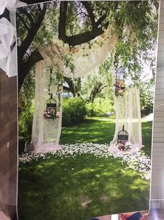 an outdoor ceremony setup with flowers and birdcages on the grass, surrounded by trees