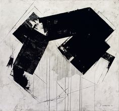 an abstract painting with black and white shapes