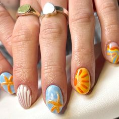 Nail Beach Ideas, Caribbean Nail Ideas, Short Ocean Nails, Cute Summer Beach Nails, Surfer Nails, Crab Nails, Mama Mia Nails, Short Beach Nails, Nails For Beach