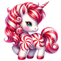 a pink and white pony with candy canes on it's tail, sitting in front of a white background