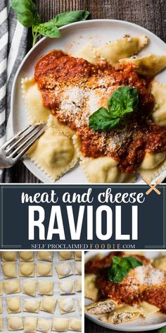 meat and cheese ravioli on a white plate with basil garnish in the middle