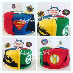 four different cakes decorated to look like superheros