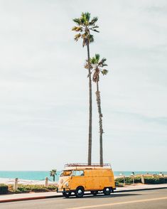 a yellow van is parked on the side of the road near palm trees and the ocean