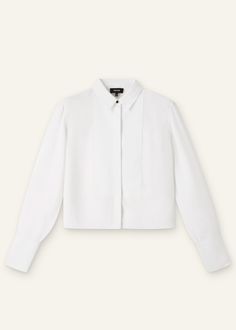 Silk Crop Tux Shirt | ME+EM Luxury Tops With Lapel Collar For Office, Luxury Lapel Collar Tops For Office, Luxury Lapel Collar Top For Workwear, Designer Formal Tops With Lapel Collar, Timeless Tailored Tops For Office, Elegant Formal Tops With Concealed Placket, Tailored Luxury Shirt For Workwear, Luxury Tailored Shirt For Work, White Silk Top For Semi-formal Occasions