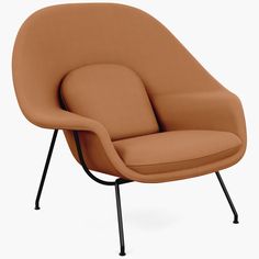 an orange chair with black legs and a brown seat on the bottom half of it